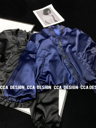 CCA自制仿绸缎亮面蓬蓬袖飞行员夹克双拉链缎面棒球服光面短外套