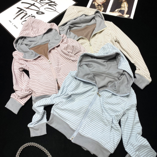 CCA自制小众运动风德绒慵懒风撞色条纹连帽卫衣拉链帽衫 慢跑开衫