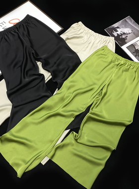 CCA自制复古绿色缎面休闲裤松紧腰宽松显瘦拖地仿醋酸亮面长裤女