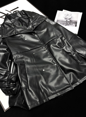 CCA自制北欧性冷淡风黑色中长款翻领皮衣风衣PU皮夹克大衣外套女