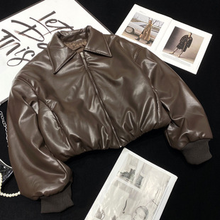 CCA自制辣妹夹棉翻领飞行员皮衣夹克外套PU皮短款 加厚棕色皮棉衣