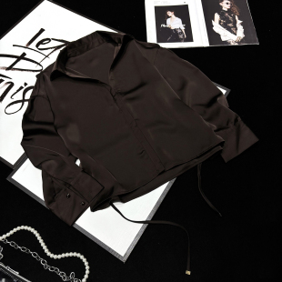 CCA自制高级感气质腰带收腰仿绸缎亮面长袖 系带洋气缎面衬衣 衬衫