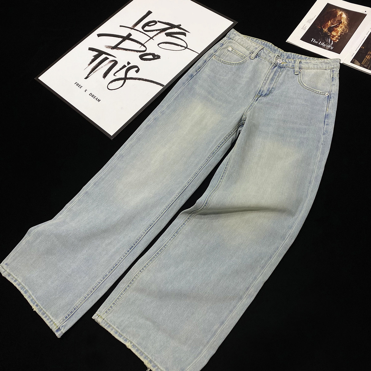 CCA自制ins晴空蓝中低腰牛仔裤水洗浅蓝色辣妹牛仔长裤直筒裤女潮