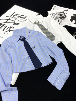 领带长袖高腰短款条纹学院风衬衫