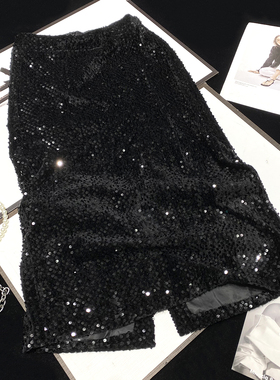 CCA自制辣妹风时髦黑色亮片后开衩丝绒半身裙亮闪闪一步裙中裙女