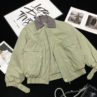 CCA自制美式 夹克外套女 复古辣妹风翻领撞色拉链棉服夹棉加厚工装