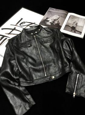 CCA自制辣妹风复古黑色洗水机车皮衣袖口拉链麂皮短款皮夹克外套