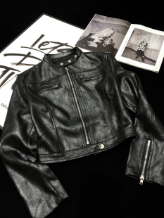 CCA自制辣妹风复古黑色洗水机车皮衣袖 皮夹克外套 口拉链麂皮短款