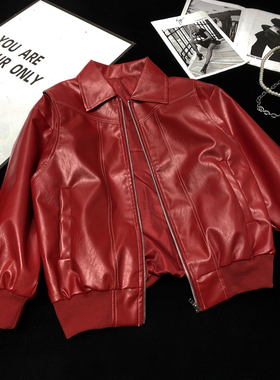 CCA复古红色古着皮衣外套收腰翻领大版BF风宽松显瘦机车服夹克女