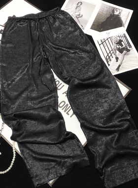 CCA自制黑色金属光泽感拖地长裤高腰显阔腿裤抽绳直筒亮面休闲裤