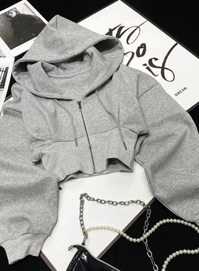 CCA自制美式辣妹风短款高腰连帽卫衣超短运动夹克帽衫灰色外套女