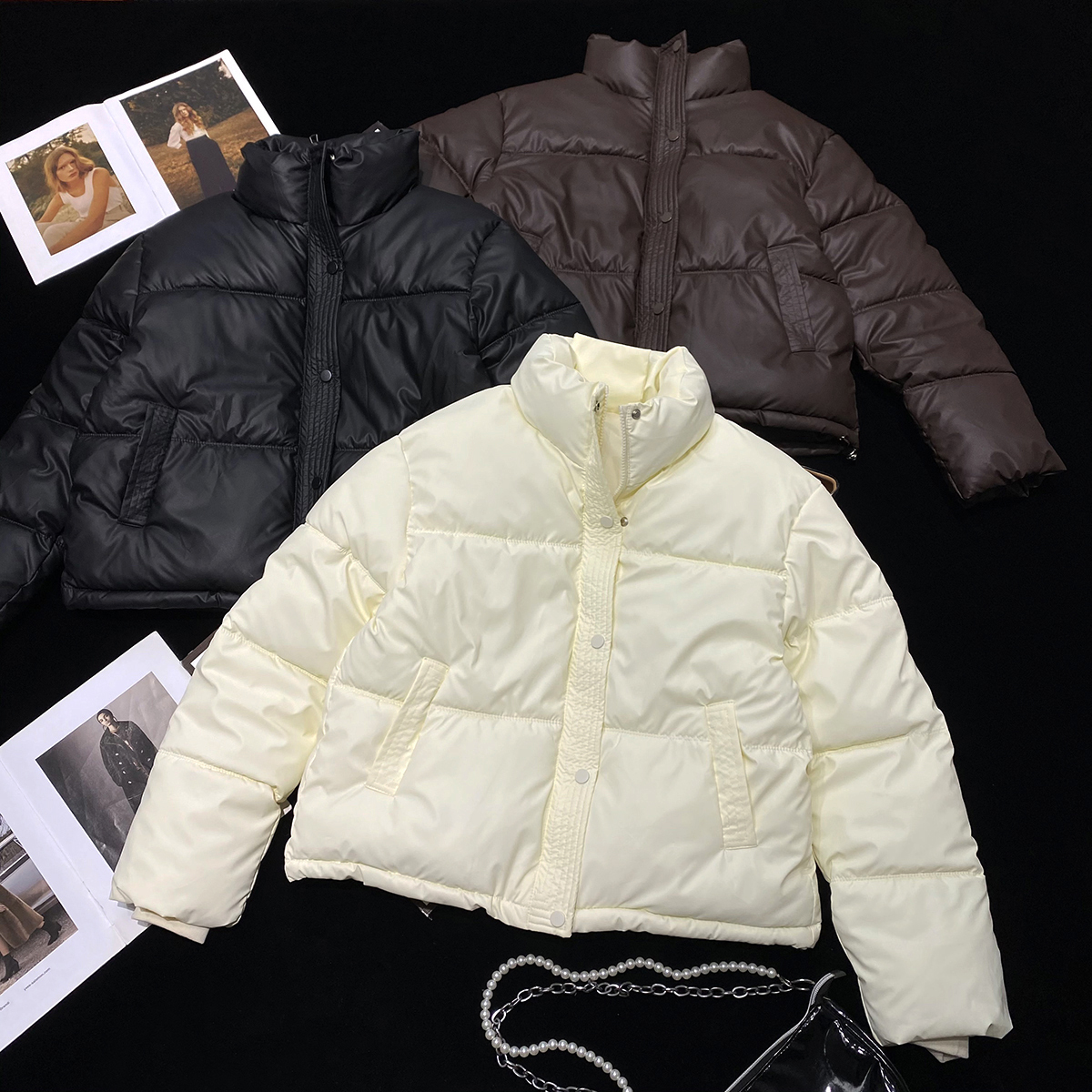 高腰款简约螺纹涂层棉衣棉服