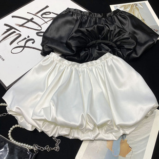 CCA自制法式 赫本风缎面半身裙高腰蓬蓬裙亮面纯色复古短裙花苞裙