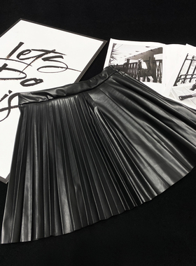 CCA自制辣妹风欧美ins博主款黑色皮短裙PU皮百褶半身裙风琴A字裙