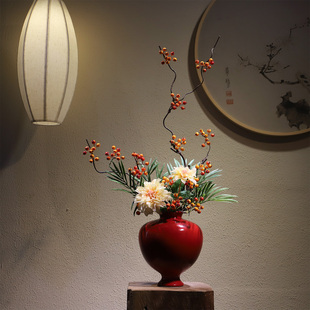 新中式红色陶瓷花瓶禅意家居装饰摆件客厅民宿酒店设计师推荐插花