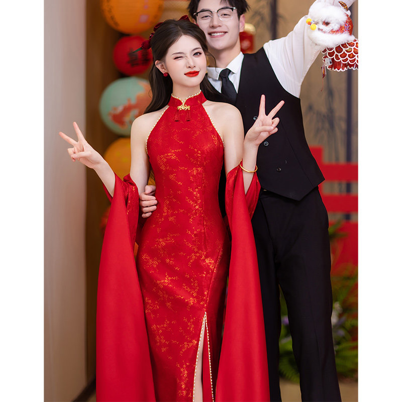 新中式敬酒服新娘披肩挂脖晨袍回门2026新款旗袍订婚礼服裙小个子