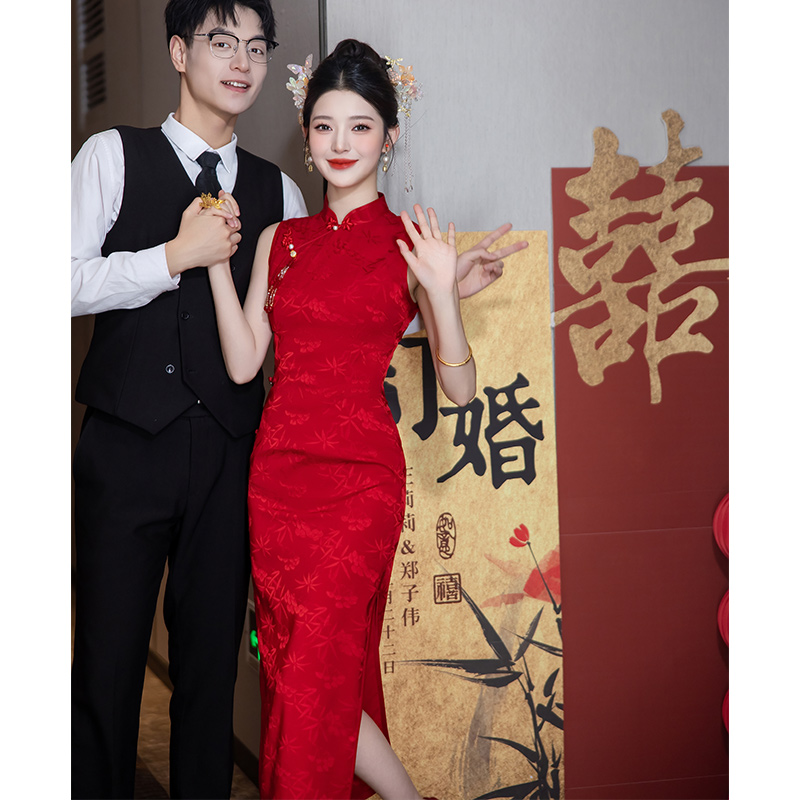 旗袍敬酒服新中式结婚便装订婚礼服2025新款酒红色女回门新娘修身