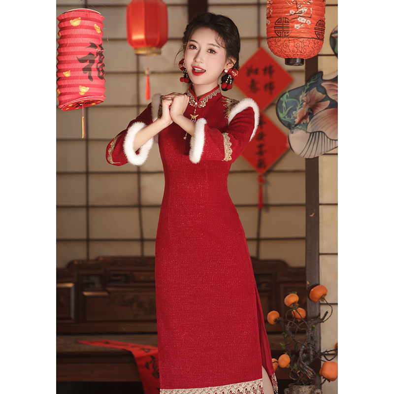 旗袍女2026新款秋冬季红色过年小袄国风拜年礼服大人冬天加绒加厚
