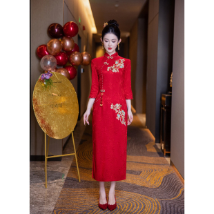 中式 红色旗袍订婚礼服女2025秋季 敬酒服新娘结婚回门便装 长袖 新款