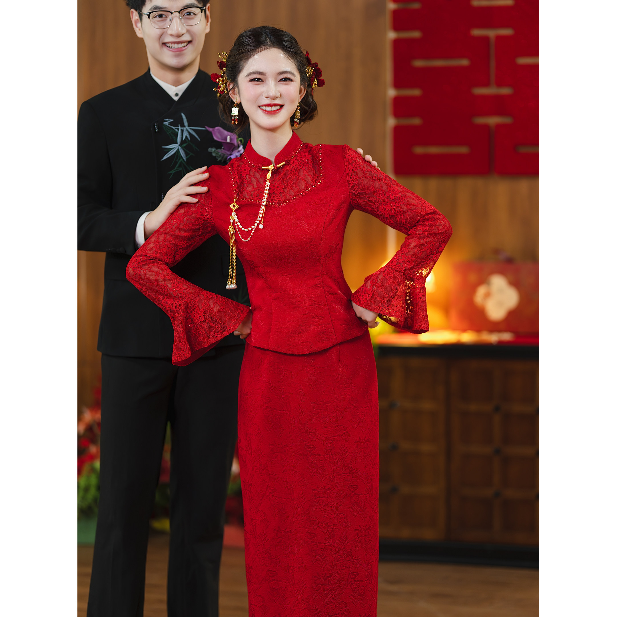 敬酒服新娘红色旗袍新中式套装长袖秋季新款结婚订婚礼服裙女显瘦