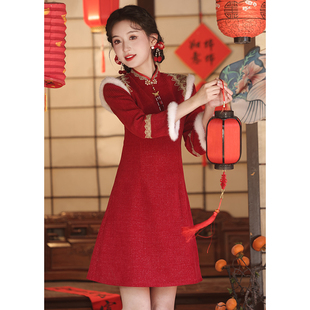 小个子新年旗袍冬天加绒加厚红色国风拜年礼服女大成人秋冬季短款