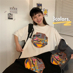 Real shot 2021 new summer Korean loose print letter cartoon short sleeve round neck student T-shirt