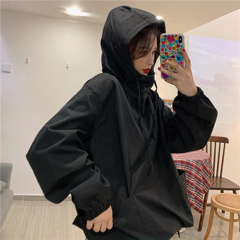 Real shot autumn yuansufeng Hooded Sweater dark large loose thin large pocket Pullover coat