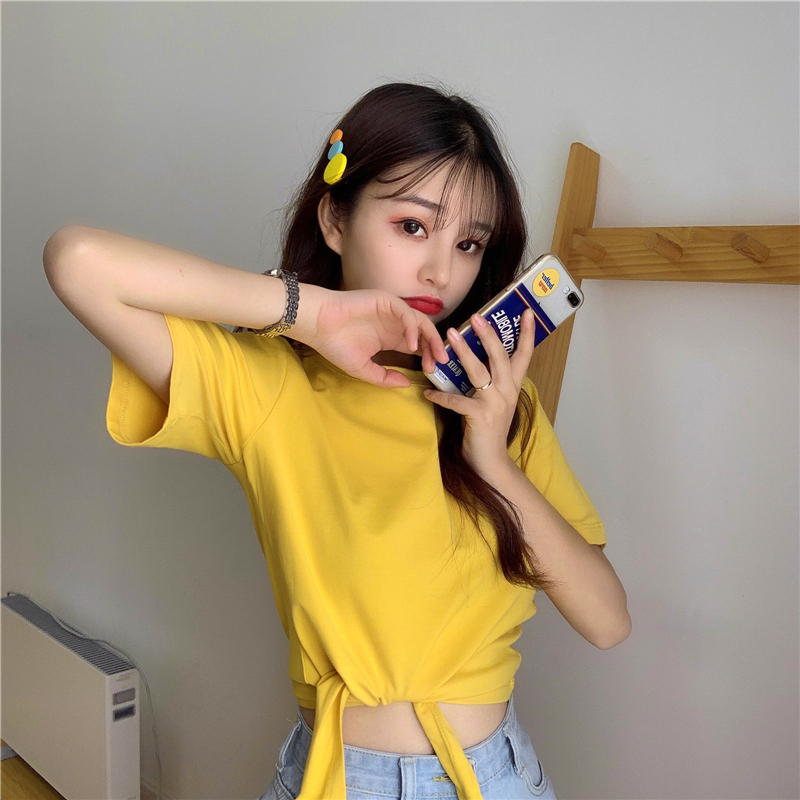 Real shot cotton summer dress high waist short sleeve T-shirt women's pure color careful machine design