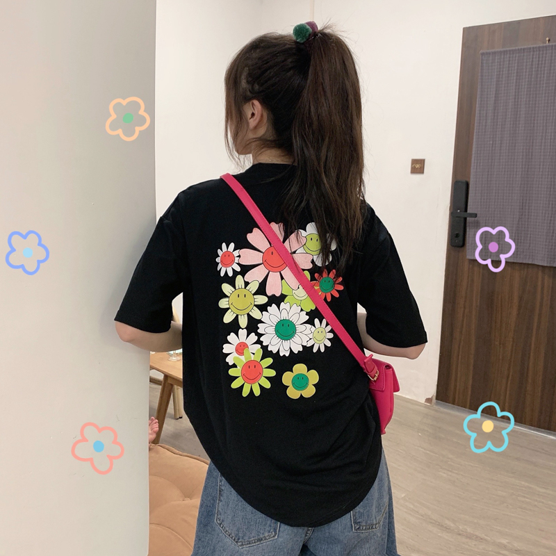實拍 2021新款夏裝百搭短袖t恤女港風小雛菊印花圓領上衣女潮