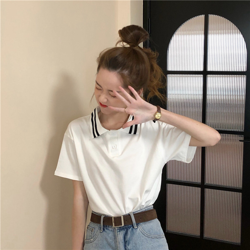 Real shot solid color striped Lapel short sleeve white T-shirt girl student Navy T-shirt summer