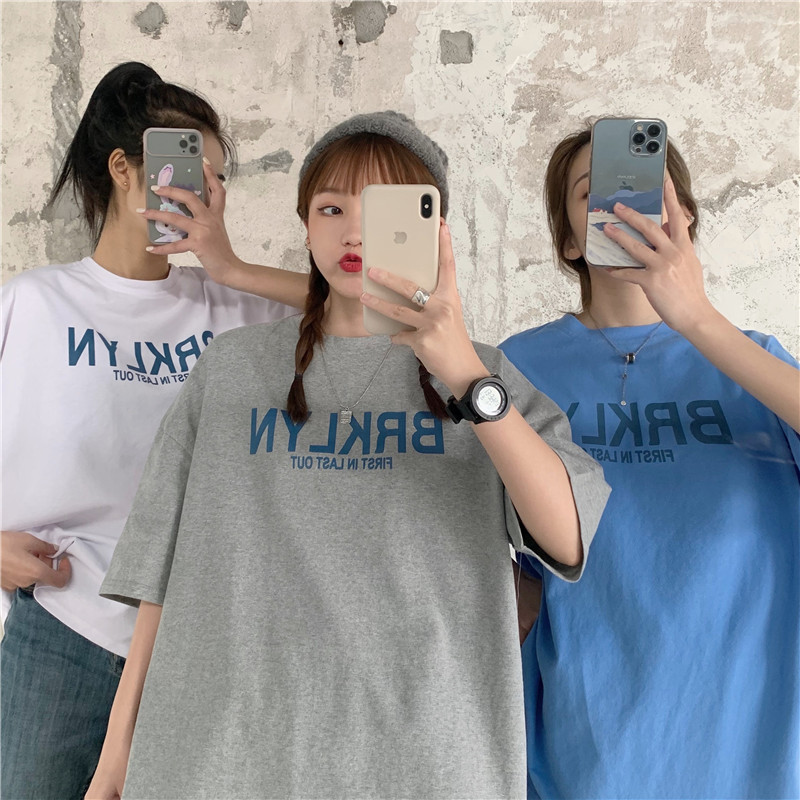 Real shot spring Korean version 2021 new loose round neck chic with letter printed boudoir Short Sleeve T