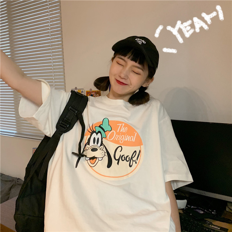 Real shooting new school season foreign style printed white T-shirt women loose and thin Korean Short Sleeve Top Fashion