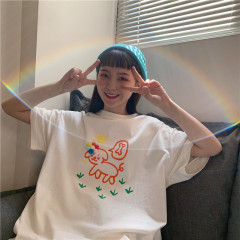 Real shot 2021 new ins cute cartoon dog print color wool ball short sleeve T-shirt versatile slim top