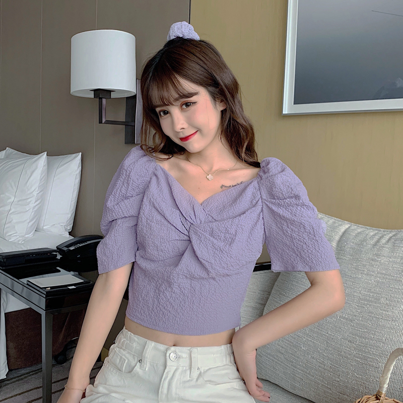 Real photo 2021 new summer clothes careful machine design knot Short Sleeve Chiffon Top Women's fashion