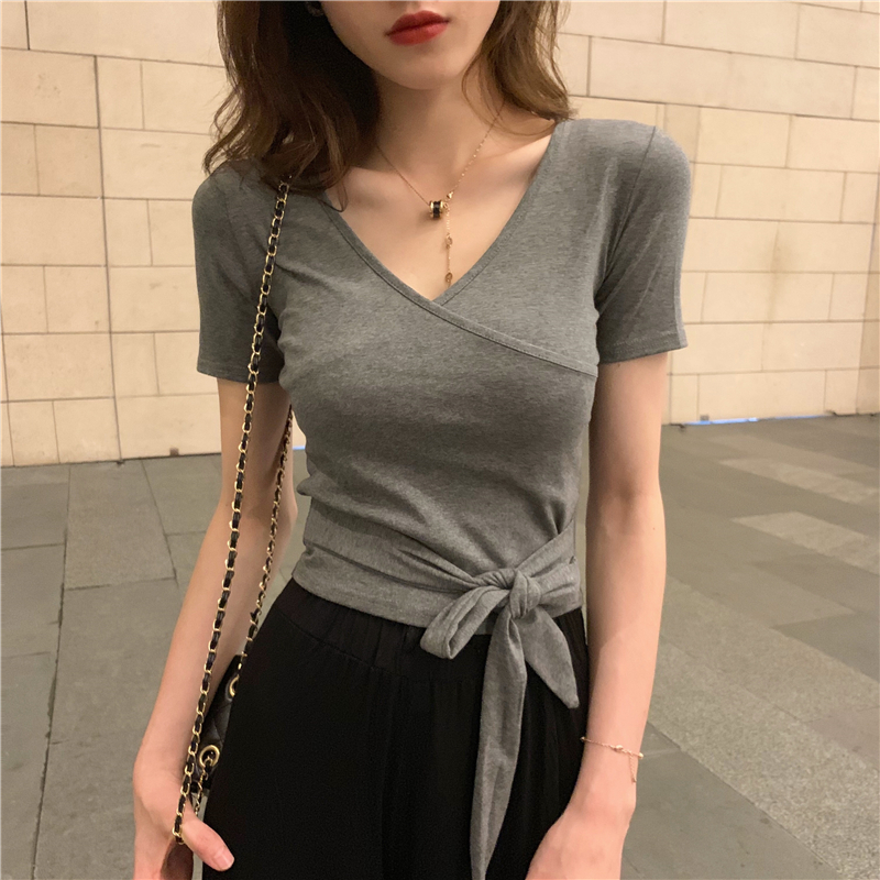 韓版短款系帶領打底上衣網紅修身顯瘦純色短袖恤女