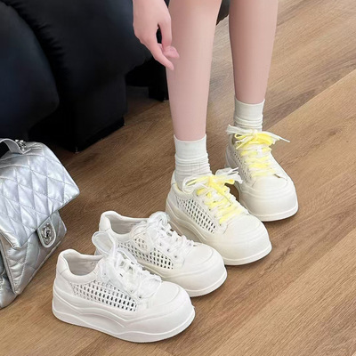 真皮厚底小个子仙女风时尚休闲鞋2025新款透气网面小白鞋女夏薄款