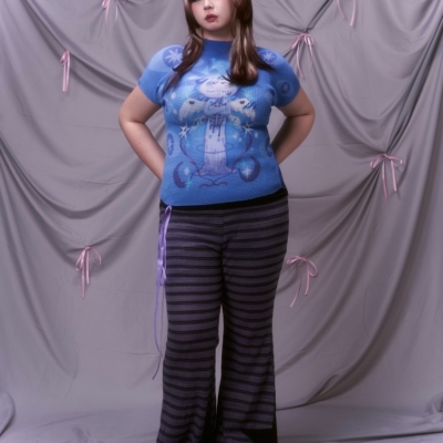 大码原创猫咪印花弹簧T恤