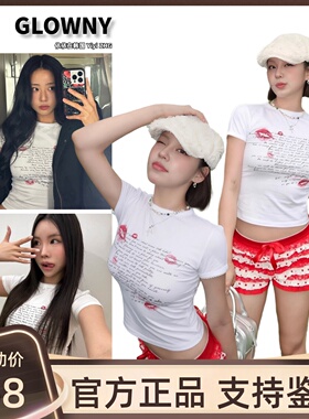 【官方正品】Glowny唇印字母蝴蝶结花边短款短袖辣妹修身短款T恤