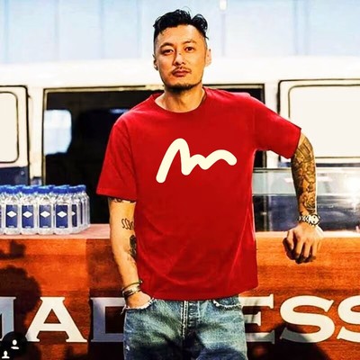 余文乐红色纯棉夏季短袖t恤男士