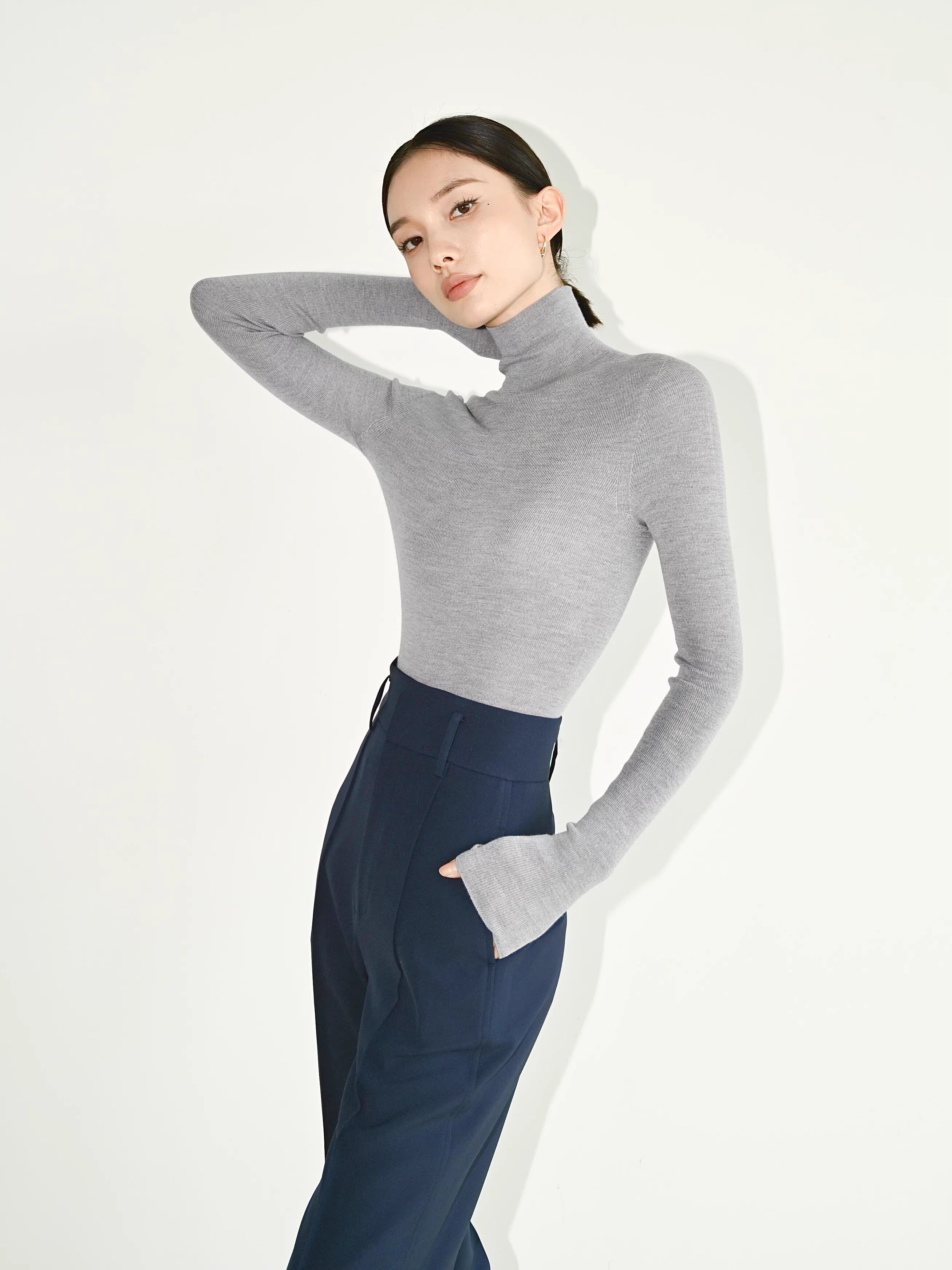堆堆领进口日本岛精100%羊毛美利奴羊毛杨子纱长袖针织打底衫女