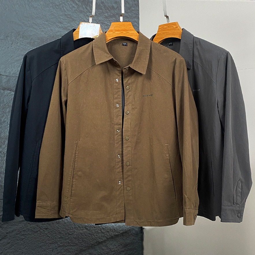 高端纯棉翻领夹克经典百搭外套纯色长袖春秋通勤男士休闲全棉夹克