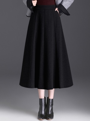毛呢半身裙女2025新款秋冬季中长款高腰显瘦加厚黑色a字百褶裙子