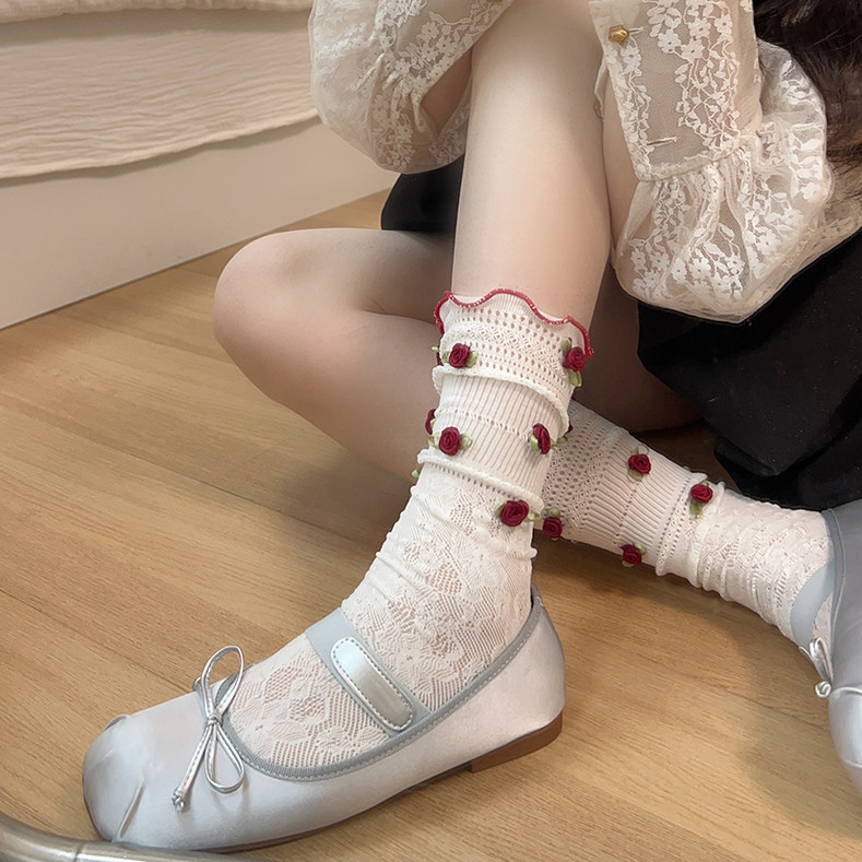 "纯情玫瑰~"miu系少女的白色蕾丝堆堆袜!洛丽塔女孩的法式袜子