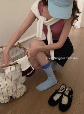 我宣布！这款baby蓝真的好温柔~蓝色系假两件拼接中筒袜
