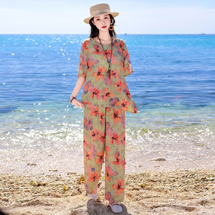 新款 套装 中老年妈妈棉绸两件套女宽松休闲大码 时尚 上衣九分裤 夏装