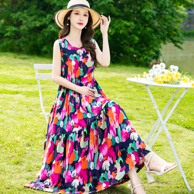 夏季波西米亚风棉绸连衣裙女长款