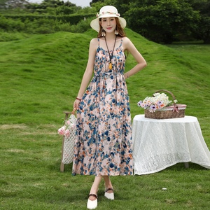 2024新款夏季无袖吊带棉绸连衣裙女大码胖mm碎花长裙气质妈妈裙子