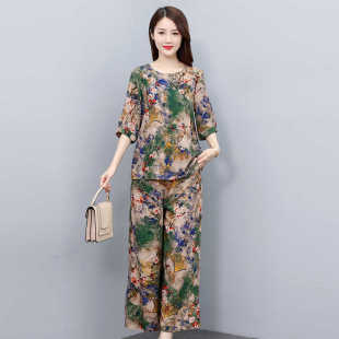 中老年女装上衣裤子棉绸两件套2026夏季新款大码休闲时尚妈妈套装