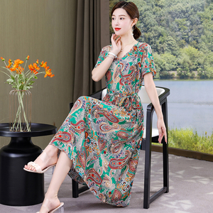 洋气中年妈妈装纯棉绸连衣裙女夏季大码显瘦印花长裙高端大气裙子