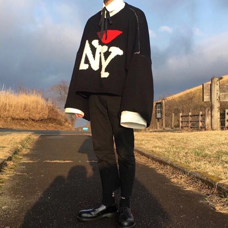RAF SIMONS 字母提花套头羊毛针织衫 宽松休闲短款男长袖女毛衣潮